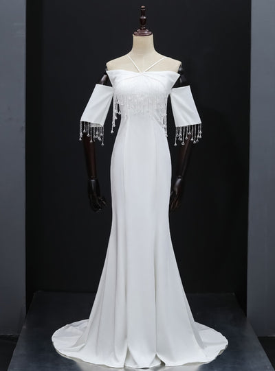 White Mermaid Halter Beading Prom Dress