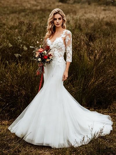 White Mermaid Tulle Appliques Short Sleeve Wedding Dress