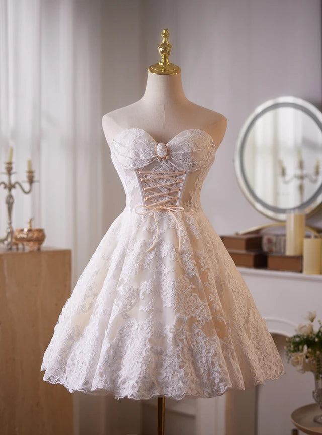 White Lace Strapless Pearls Homecoming Dress
