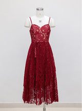 Burgundy Lace Spaghetti Straps Prom Dress