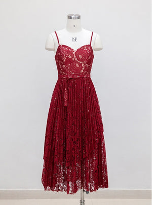 Burgundy Lace Spaghetti Straps Prom Dress