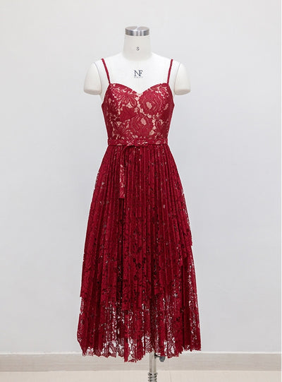 Burgundy Lace Spaghetti Straps Prom Dress
