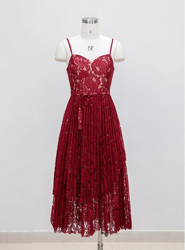 Burgundy Lace Spaghetti Straps Prom Dress