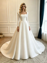 White Satin Long Sleeve Wedding Dress