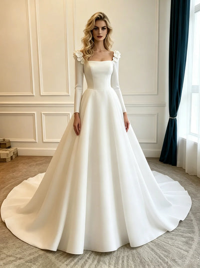 White Satin Long Sleeve Wedding Dress