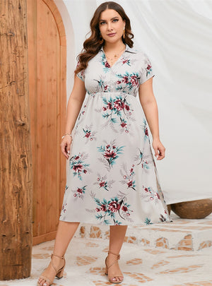 Shirt Collar Print Short Sleeve Slit Dress