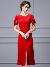 Red Velvet Short Sleeve Split Mother Of The Bride Dress