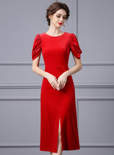 Red Velvet Short Sleeve Split Mother Of The Bride Dress