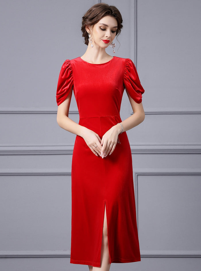 Red Velvet Short Sleeve Split Mother Of The Bride Dress
