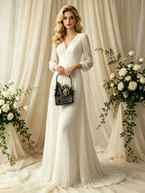 Ivory White Long Sleeve V-neck Pleats Wedding Dress