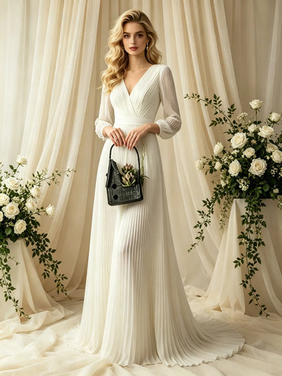 Ivory White Long Sleeve V-neck Pleats Wedding Dress
