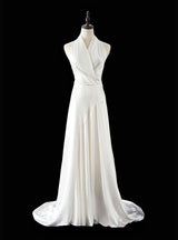 White Satin Halter Backless Wedding Dress
