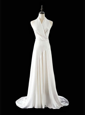 White Satin Halter Backless Wedding Dress