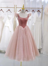 Pink Tulle Velvet Straps Sleeeless Prom Dress