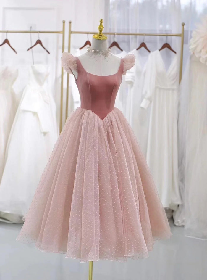 Pink Tulle Velvet Straps Sleeeless Prom Dress