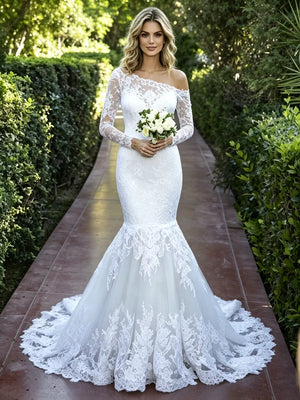 White Mermaid Lace Long Sleeve Wedding Dress