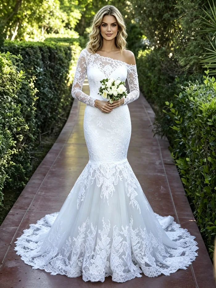 White Mermaid Lace Long Sleeve Wedding Dress