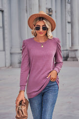 Round Neck Pleated Long Sleeve T-shirt