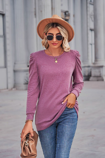Round Neck Pleated Long Sleeve T-shirt