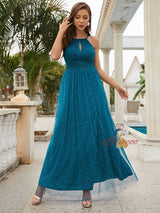 Blue Tulle Halter Pleats Prom Dress