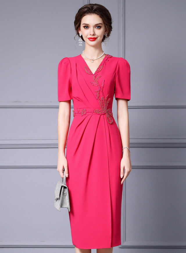Fuchsia V-neck Mother Of The Bride Dress