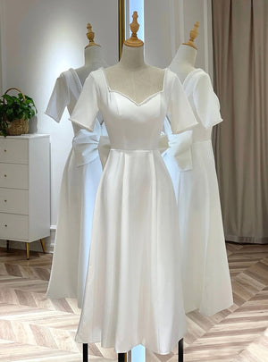 White Satin Short Sleeve Backless Wedding Dress