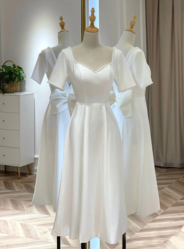 White Satin Short Sleeve Backless Wedding Dress