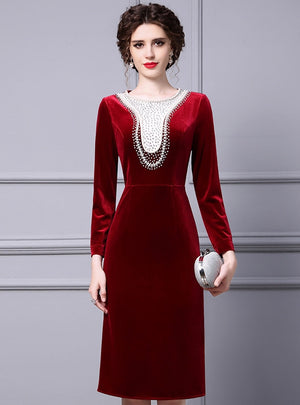 Burgundy Velvet Long Sleeve Mother Of The Bride Dress