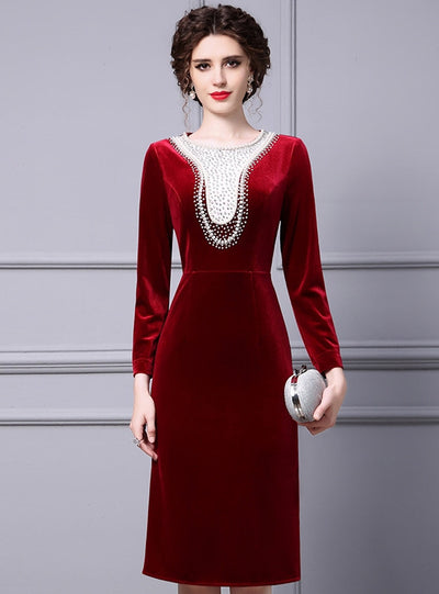 Burgundy Velvet Long Sleeve Mother Of The Bride Dress