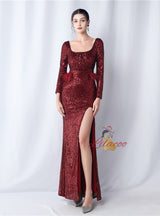 Long Sleeve Sequins Split Prom Dress