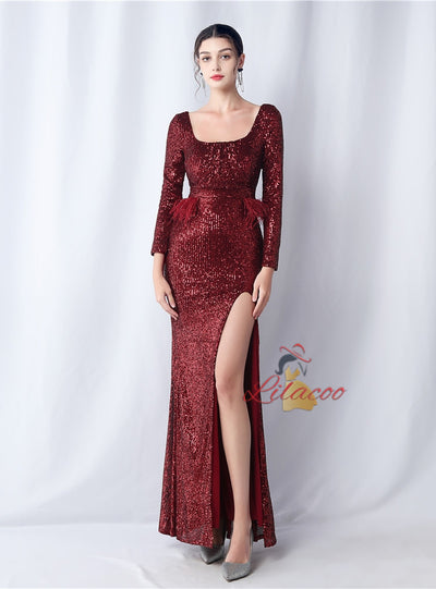 Long Sleeve Sequins Split Prom Dress