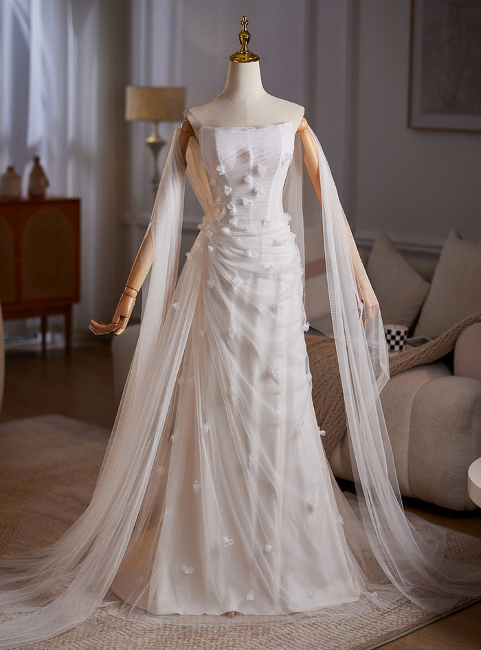 White Mermaid Tulle Strapless Wedding Dress