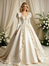 Ivory Satin Long Sleeve Beading Wedding Dress