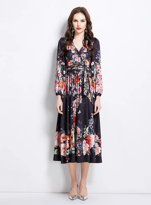V-neck Lantern Sleeve Printed Dress