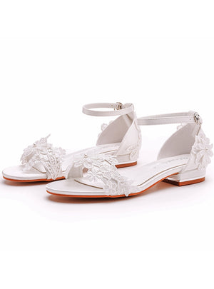 2 cm Square Bridal White Lace Flower Sandals