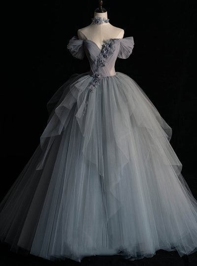 Gray Blue Tulle Pleats Flower Prom Dress