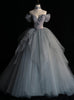 Gray Blue Tulle Pleats Flower Prom Dress