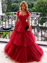 Red Square Neck Tulle Prom Dress