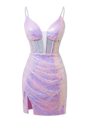 Purple Sequins Spaghetti Straps Homecoming Dress