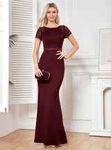 Burgundy Mermaid Short Sleeve Prom Dress