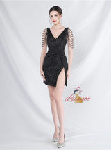 V-neck Sequins Beading Mini Prom Dress