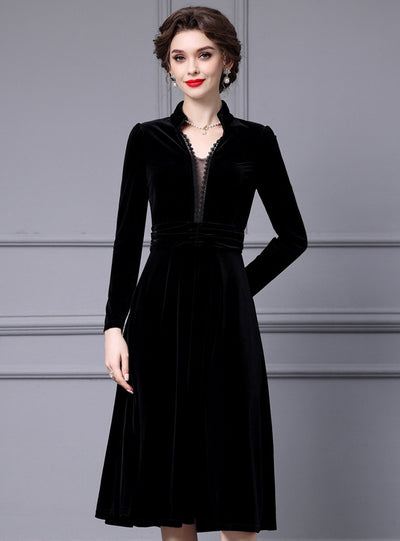 Black Velvet Long Sleeve V-neck Mother Of The Bride Dress