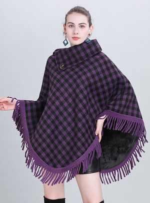 Plaid Tassel Pullover Cloak Shawl