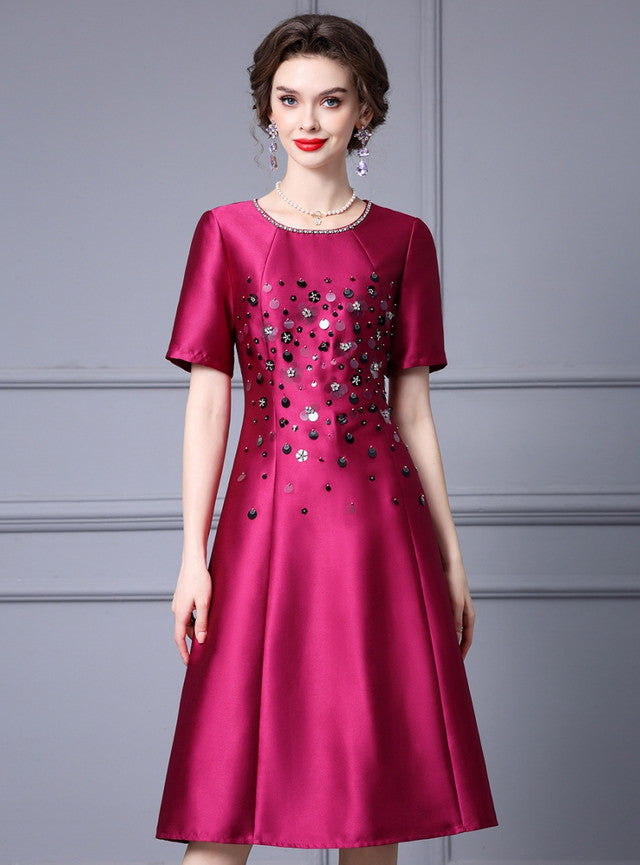 Fuchsia Satin Sequins Short Sleeve Mother Of The Bride Dress