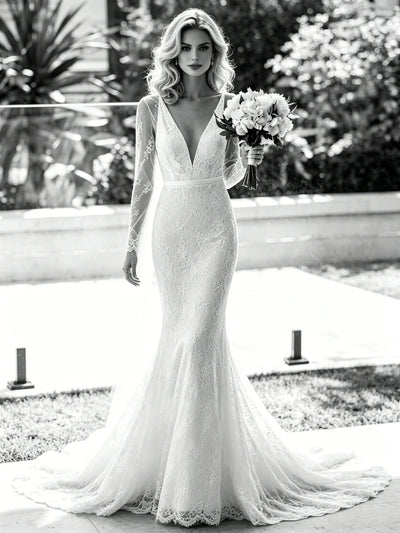 White Mermaid V-neck Long Sleeve Wedding Dress