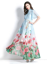 Stand-up Printed Short Sleeve Long Dress