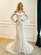 White Mermaid Long Sleeve Lace Wedding Dress