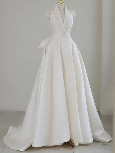 Simple Ivory Satin V-neck Wedding Dress