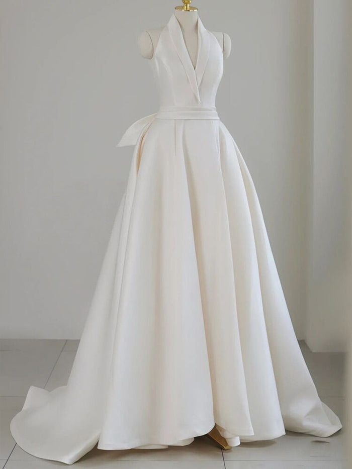 Simple Ivory Satin V-neck Wedding Dress