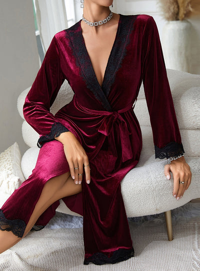 Lace Long Sleeve Velvet Robe Bathrobe